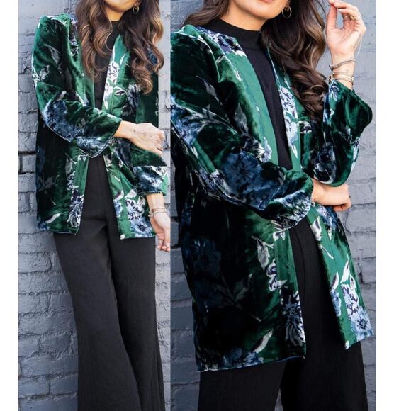 Eva Franco Green Floral Velvet Bloom Car Coat Jacket Dark Romantic Boho Medium - Picture 1 of 8